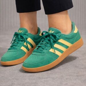 adidas Green Suede Sneakers with Yellow Stripes and Gum Sole